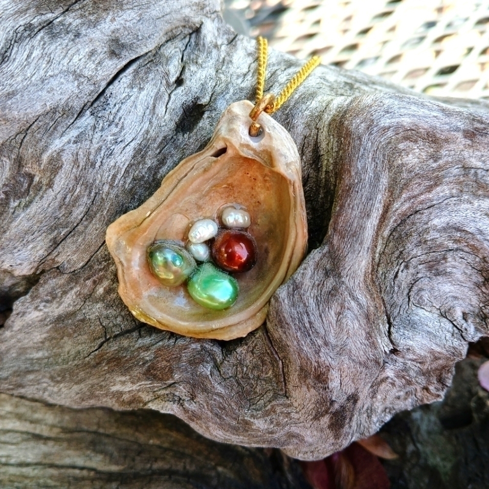 Oyster shell and pearl necklace